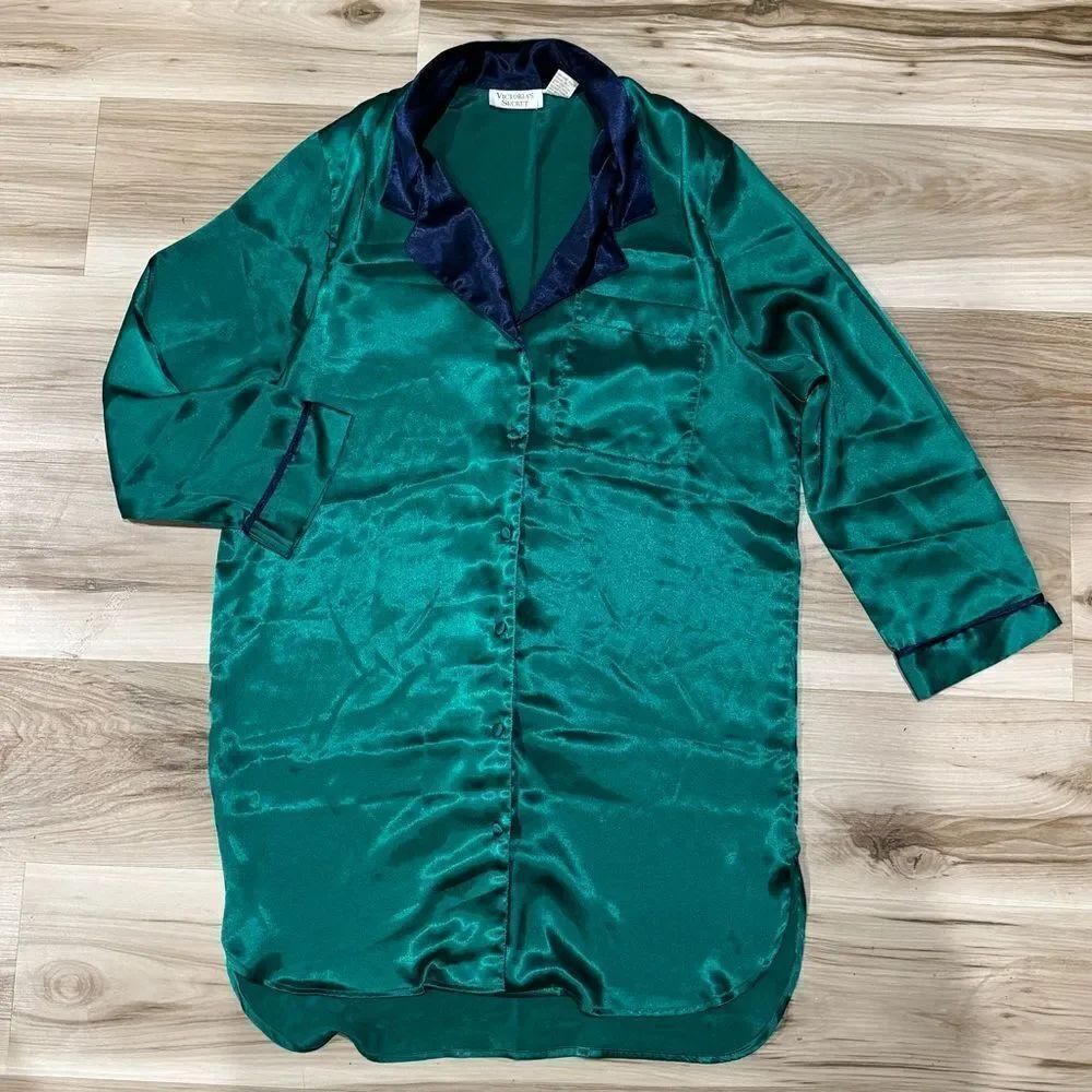 Victorias Secret Gold Label Green Blue Satin Sleep Shirt Nightgown Women’s Small